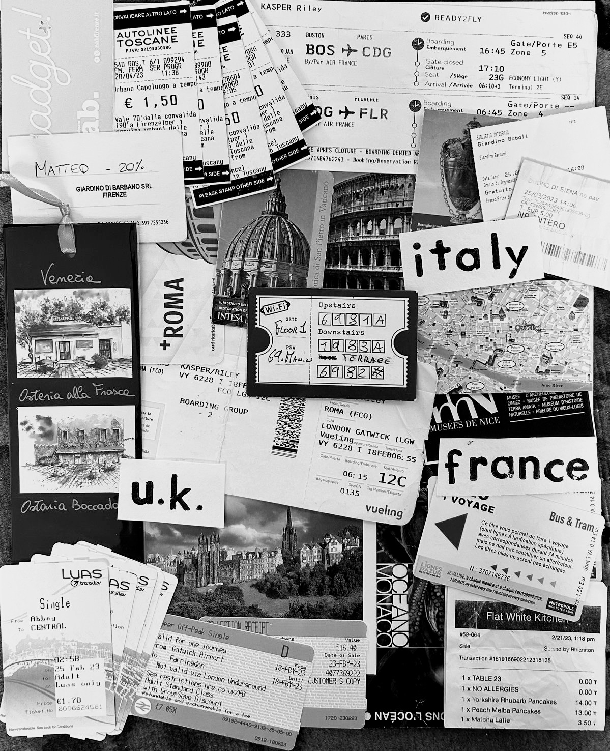 Tickets and travel souvenirs from Italy, France and the UK